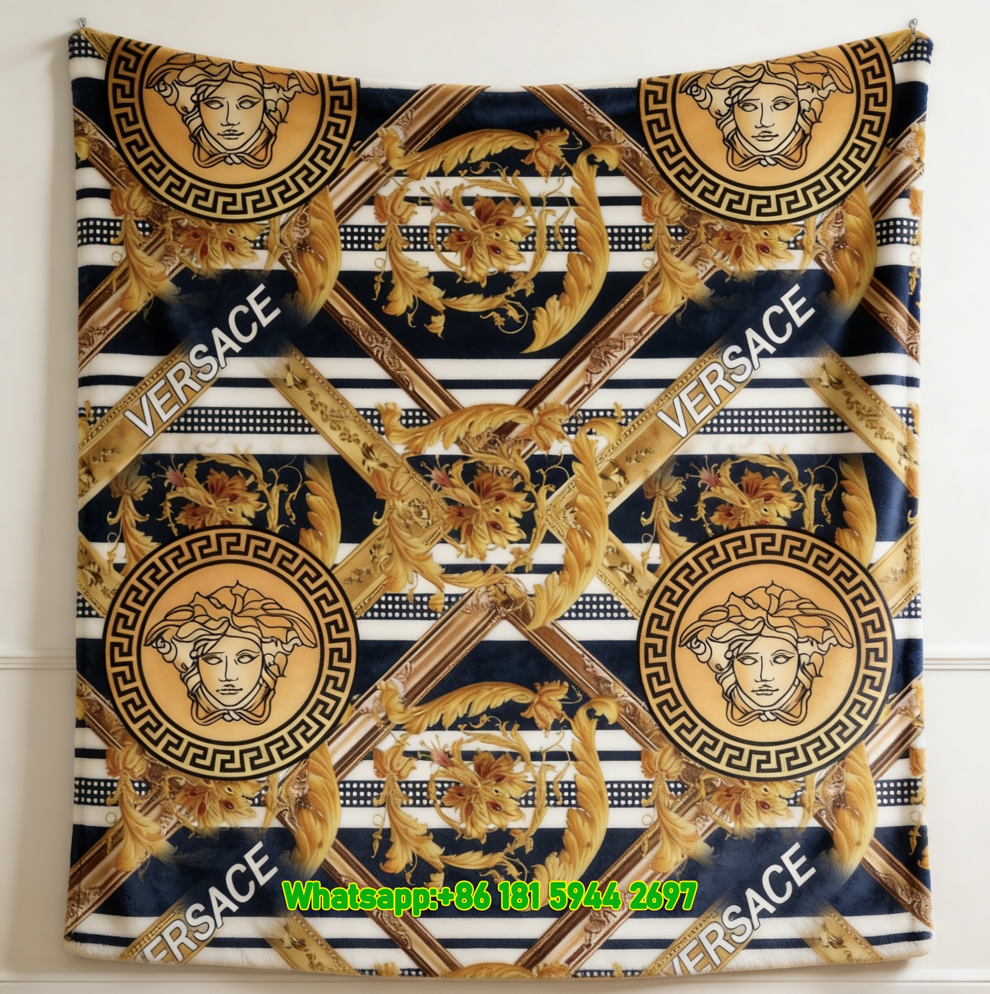 Versace Navy Blue White Gold Medusa Baroque Print Flannel Sofa Throw Blanket IMG_1422
